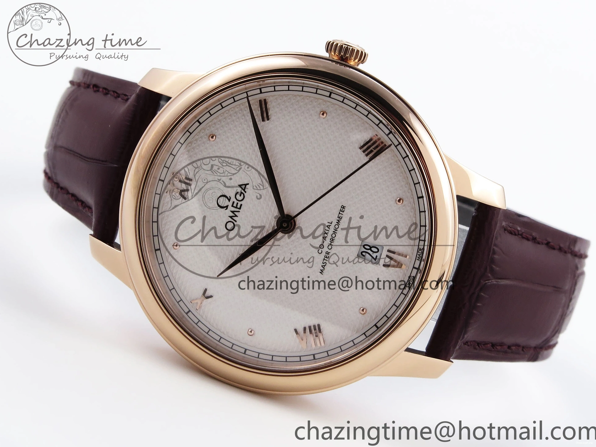 0121 Modern De Ville Date RG MKF 1:1 Best Edition White Textured Dial Roman Marker on Brown Leather Strap A 7752